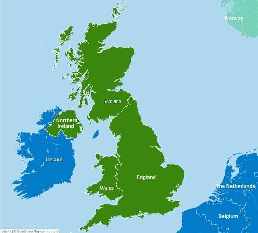 Map of the United Kingdom showing England, Scotland, Wales and Northern Ireland